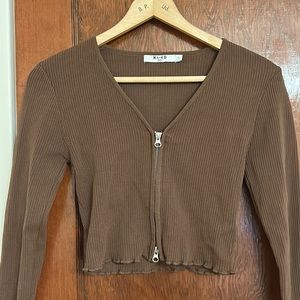 NA-KD Long Sleeved Zip Front Ribbed Crop Top - Brown